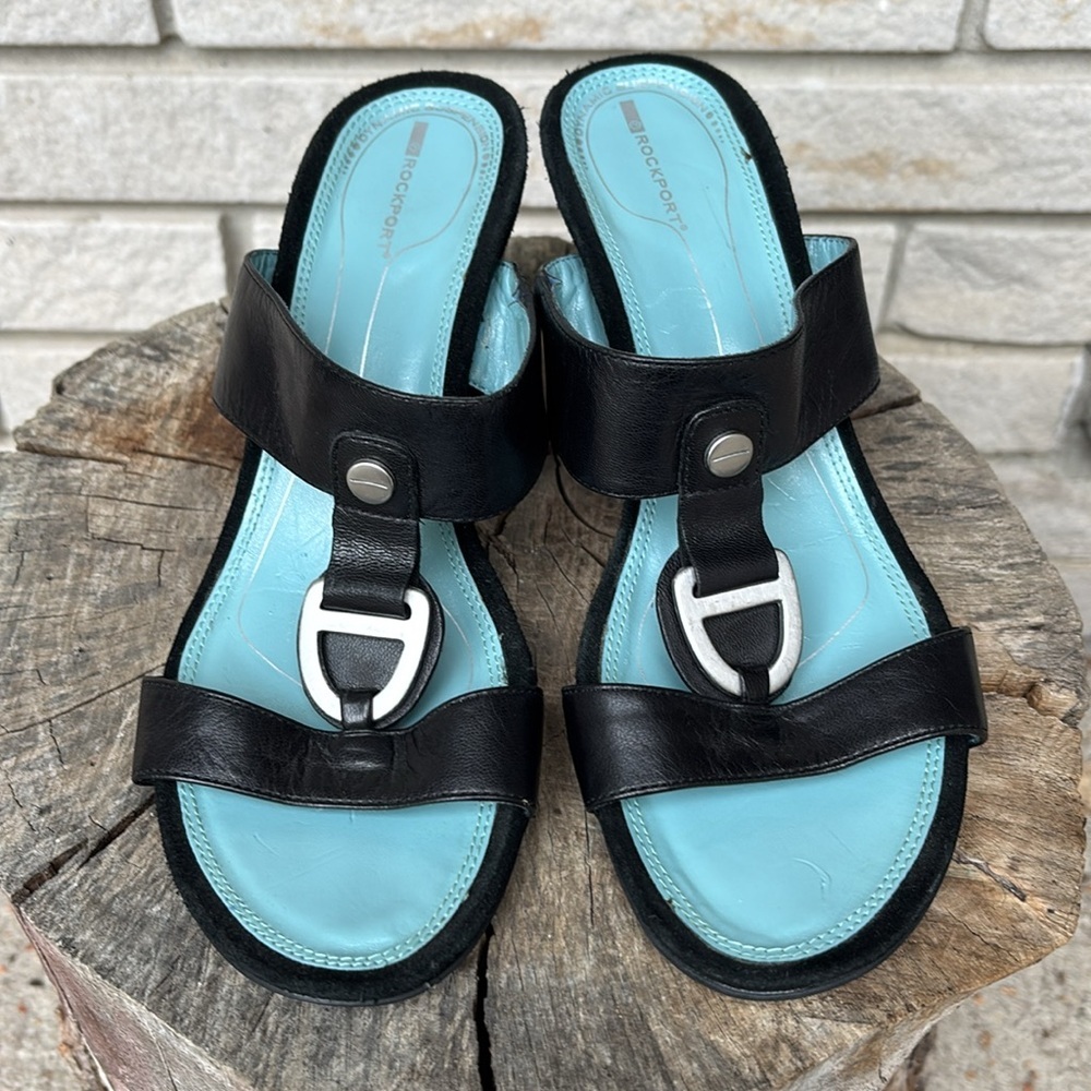 Rockport Black Leather & Suede Wedge Slip on Sandals - Picture 2 of 11